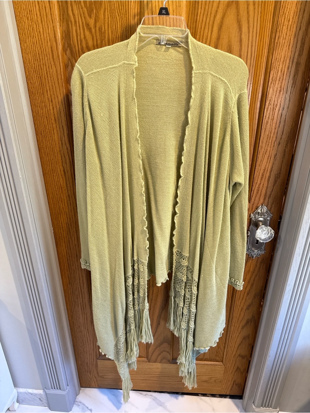 Light Sage Open-Front Fringe Knit Cardigan